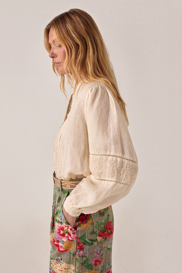 ELSHAM BOUTIQUE Virginia blouse in whisper white cotton-linen with delicate embroidery and long voluminous sleeves.