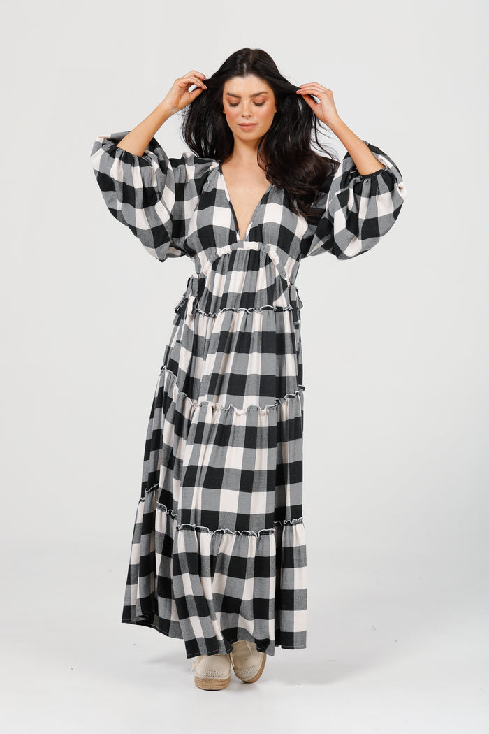 Wing and A Prayer Maxi Dress in Black + White Check