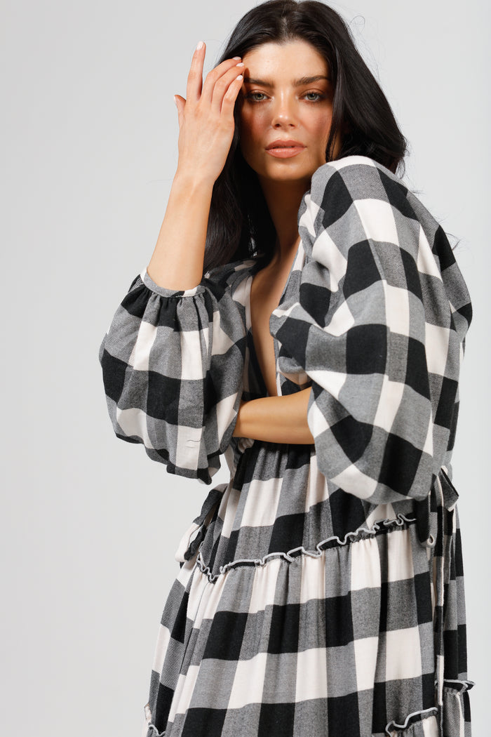 Wing and A Prayer Maxi Dress in Black + White Check