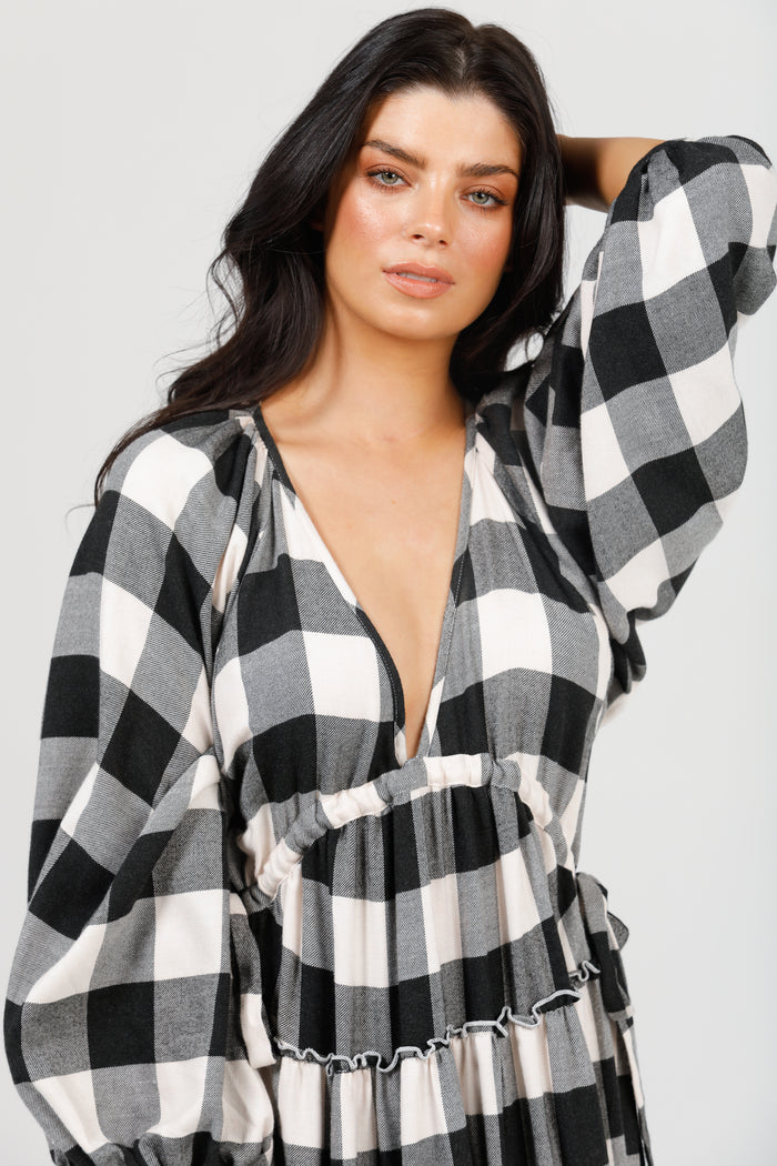 Wing and A Prayer Maxi Dress in Black + White Check