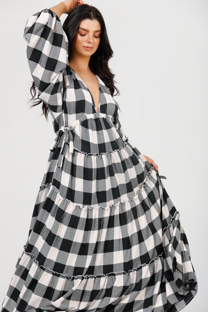 Wing and A Prayer Maxi Dress in Black + White Check