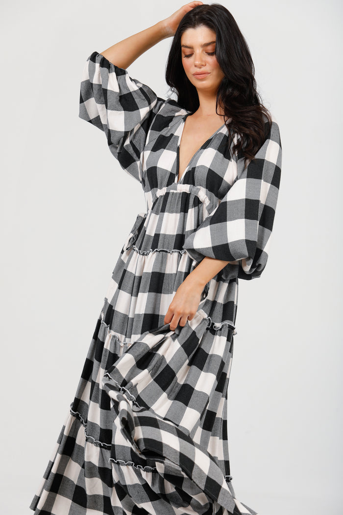 Wing and A Prayer Maxi Dress in Black + White Check