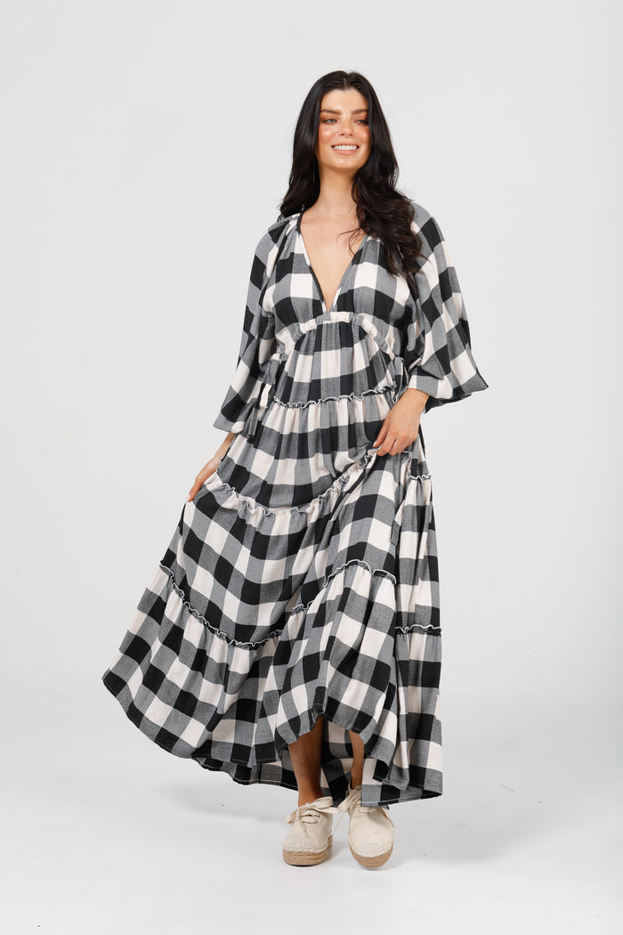 Wing and A Prayer Maxi Dress in Black + White Check