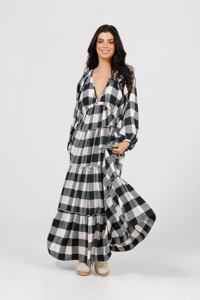 Wing and A Prayer Maxi Dress in Black + White Check