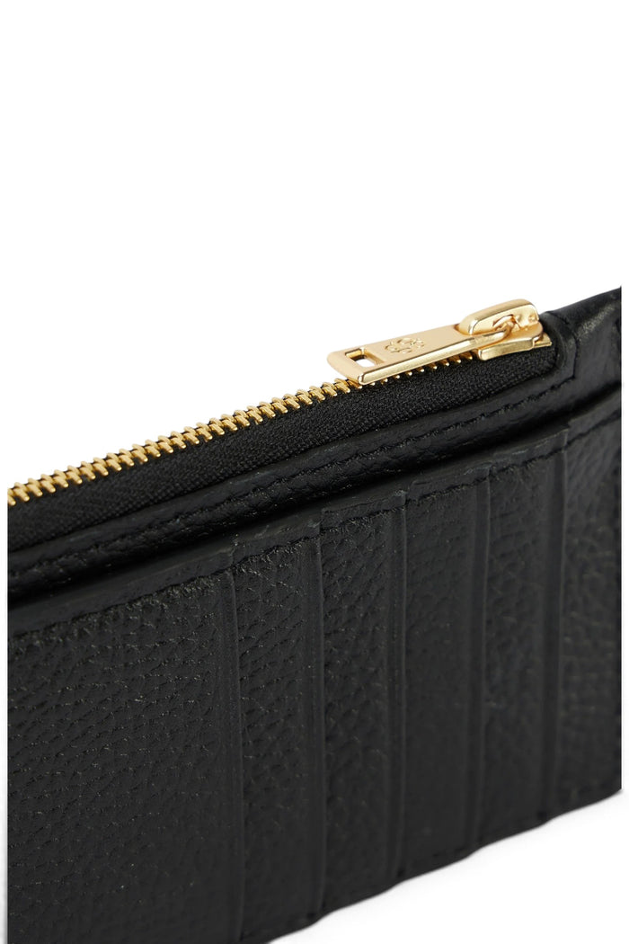 ELSHAM BOUTIQUE black grained calf leather zip card holder with polished brass hardware and card slots